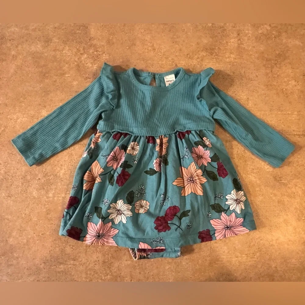 Baby Girl Long Sleeve Floral Teal Baby Dress, Size 9M